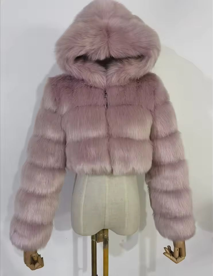 Cropped Faux Fur Hooded Jacket