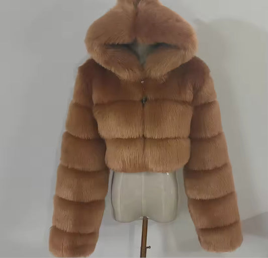 Cropped Faux Fur Hooded Jacket