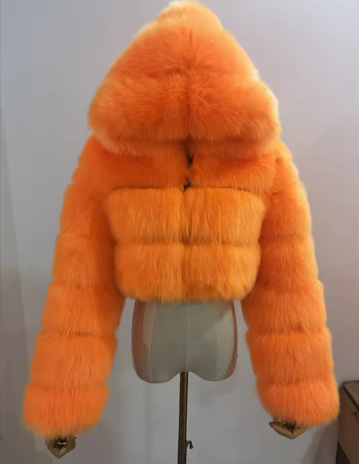 Cropped Faux Fur Hooded Jacket