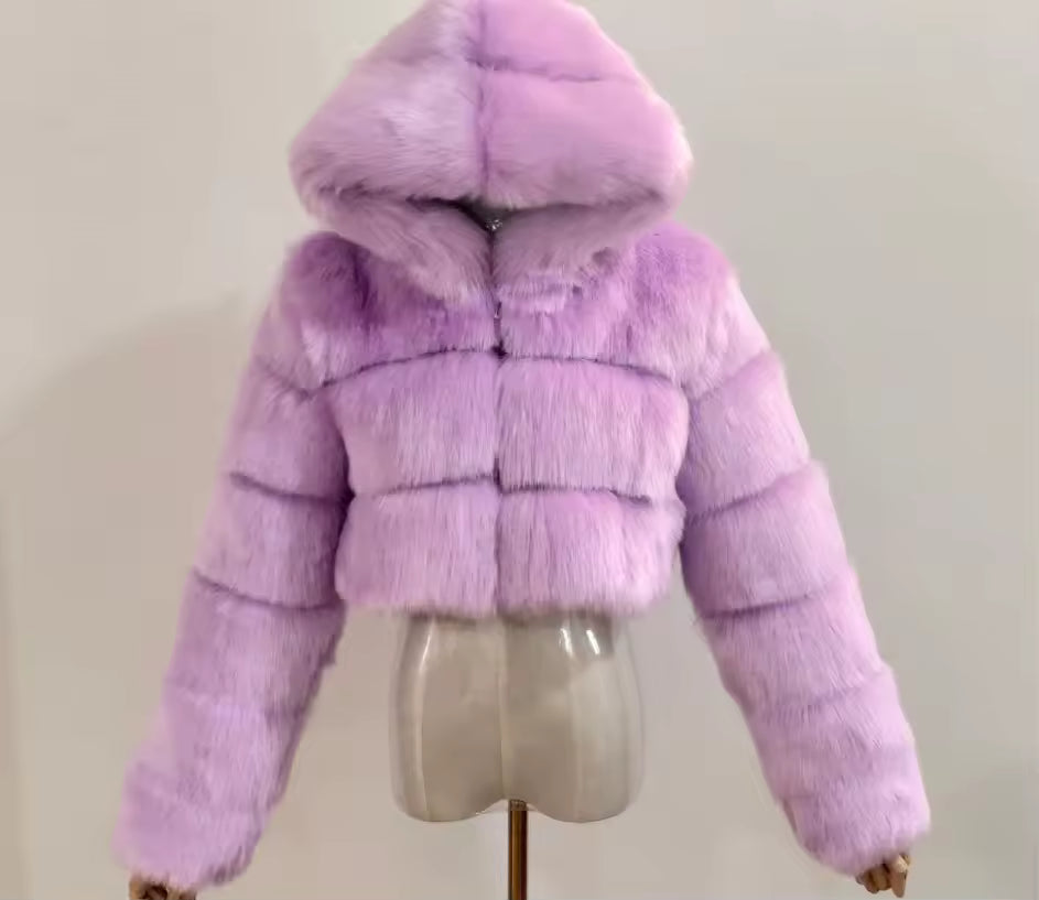 Cropped Faux Fur Hooded Jacket