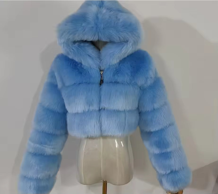Cropped Faux Fur Hooded Jacket