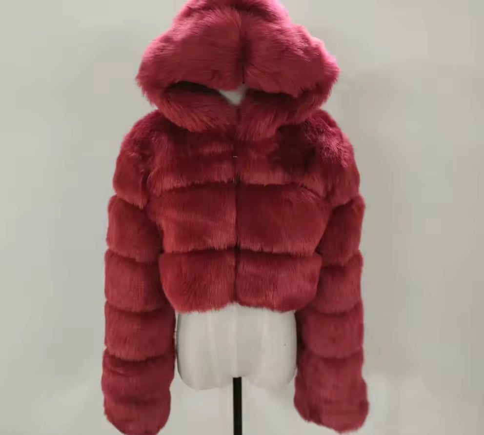 Cropped Faux Fur Hooded Jacket
