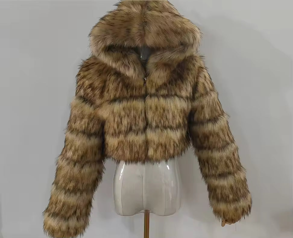 Cropped Faux Fur Hooded Jacket