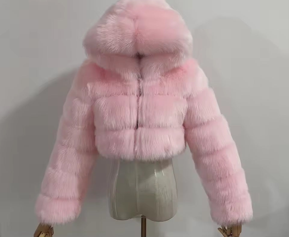 Cropped Faux Fur Hooded Jacket