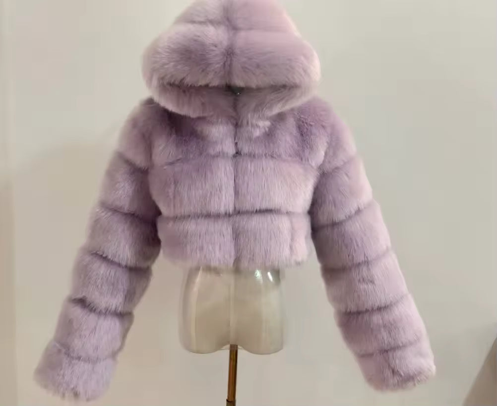 Cropped Faux Fur Hooded Jacket