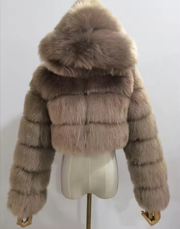 Cropped Faux Fur Hooded Jacket