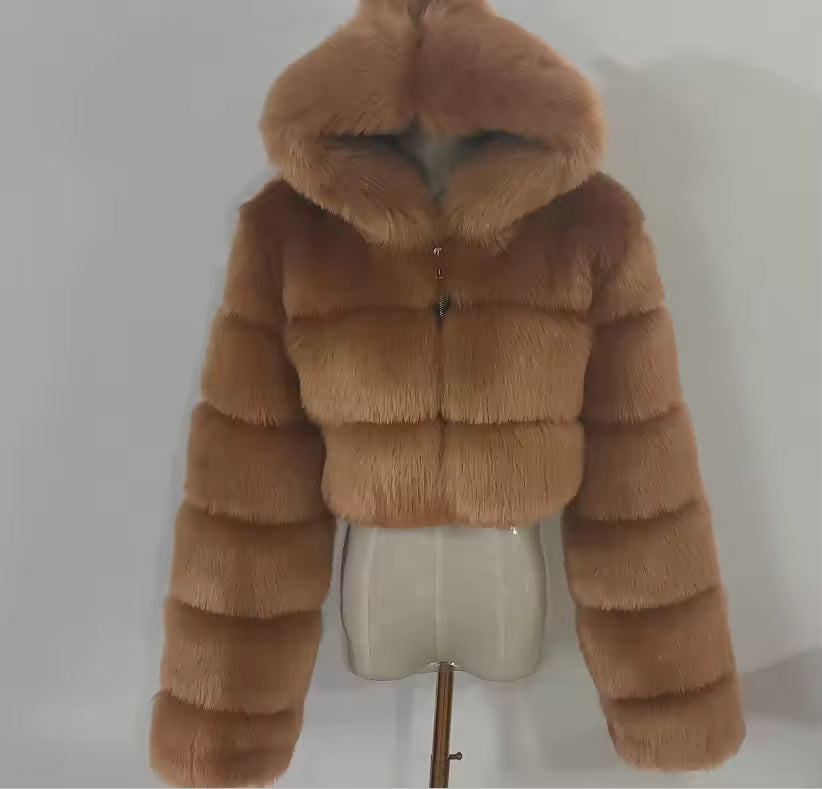 Cropped Faux Fur Hooded Jacket
