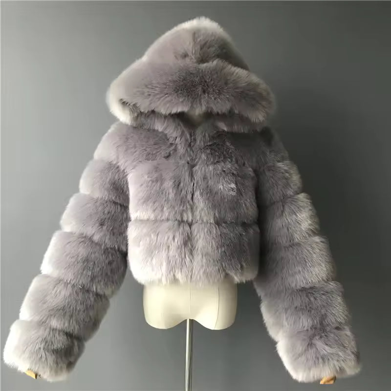 Cropped Faux Fur Hooded Jacket