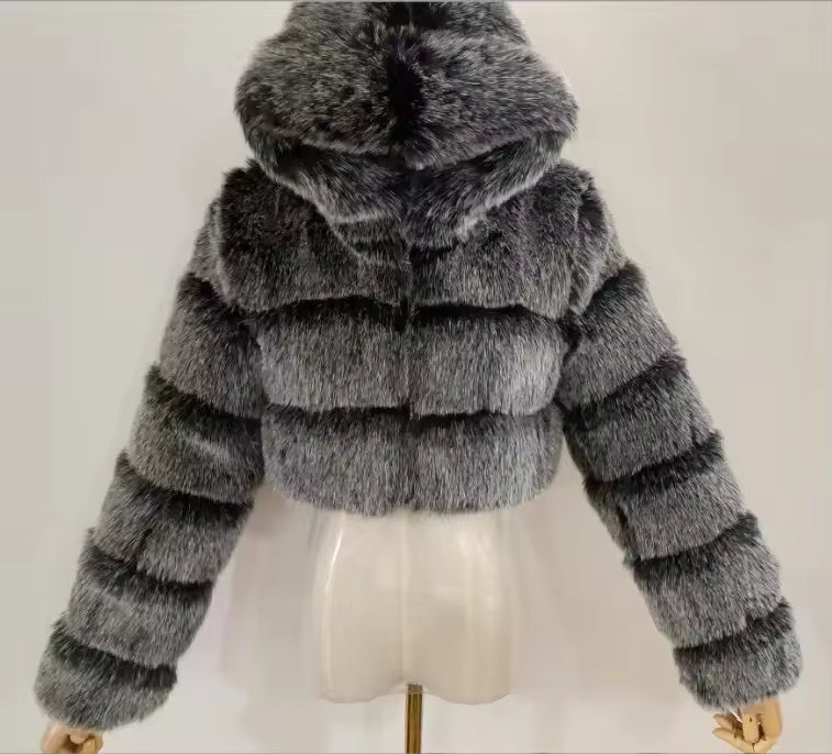 Cropped Faux Fur Hooded Jacket