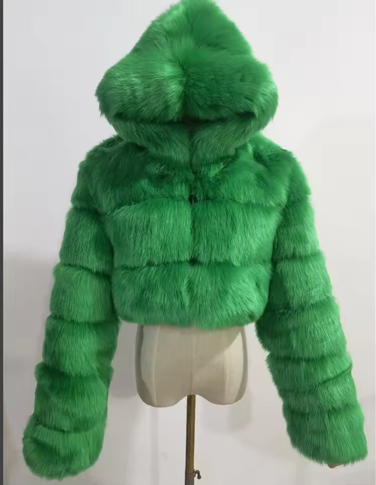 Cropped Faux Fur Hooded Jacket