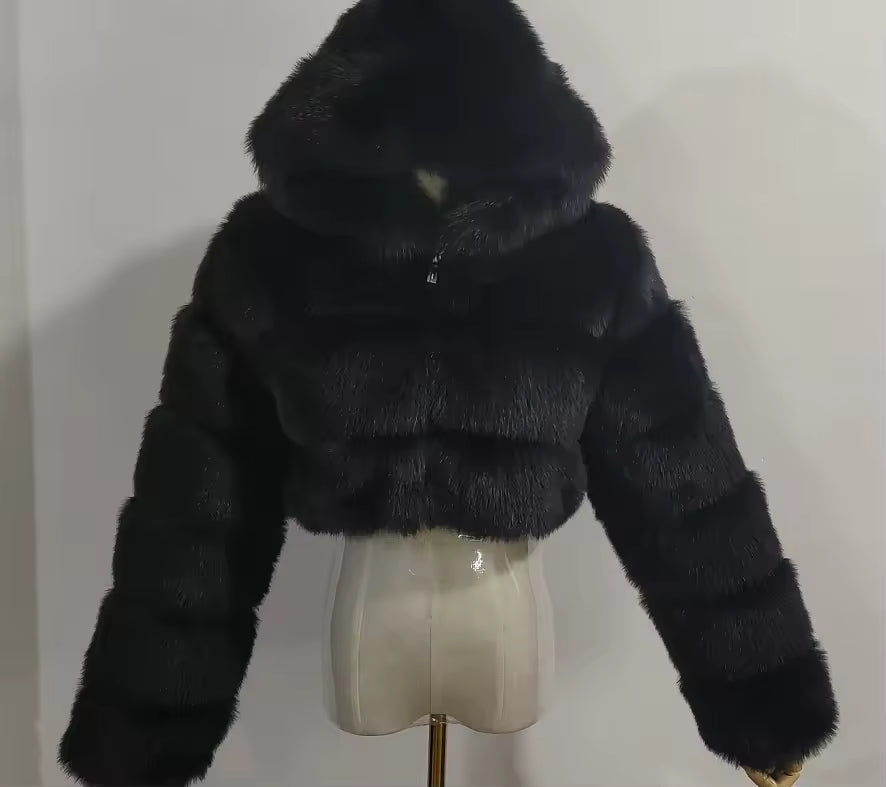 Cropped Faux Fur Hooded Jacket