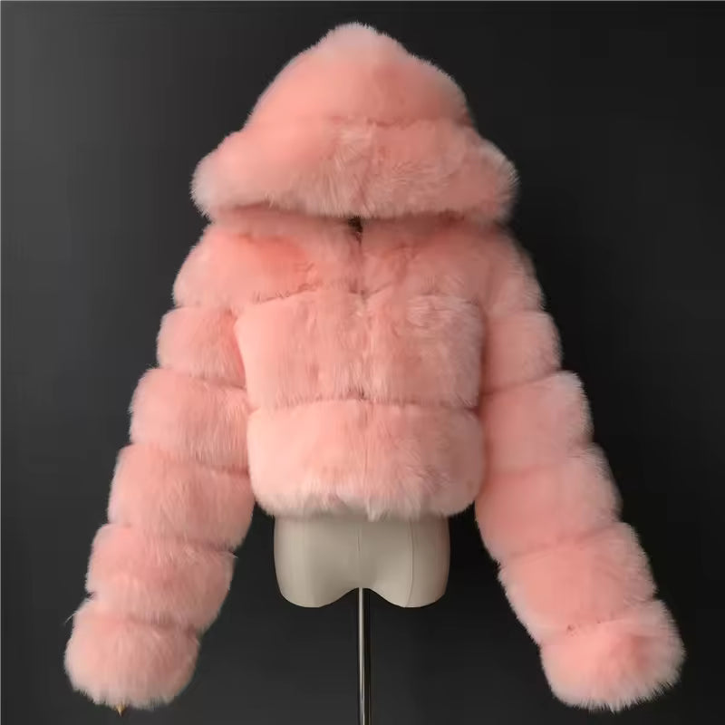 Cropped Faux Fur Hooded Jacket