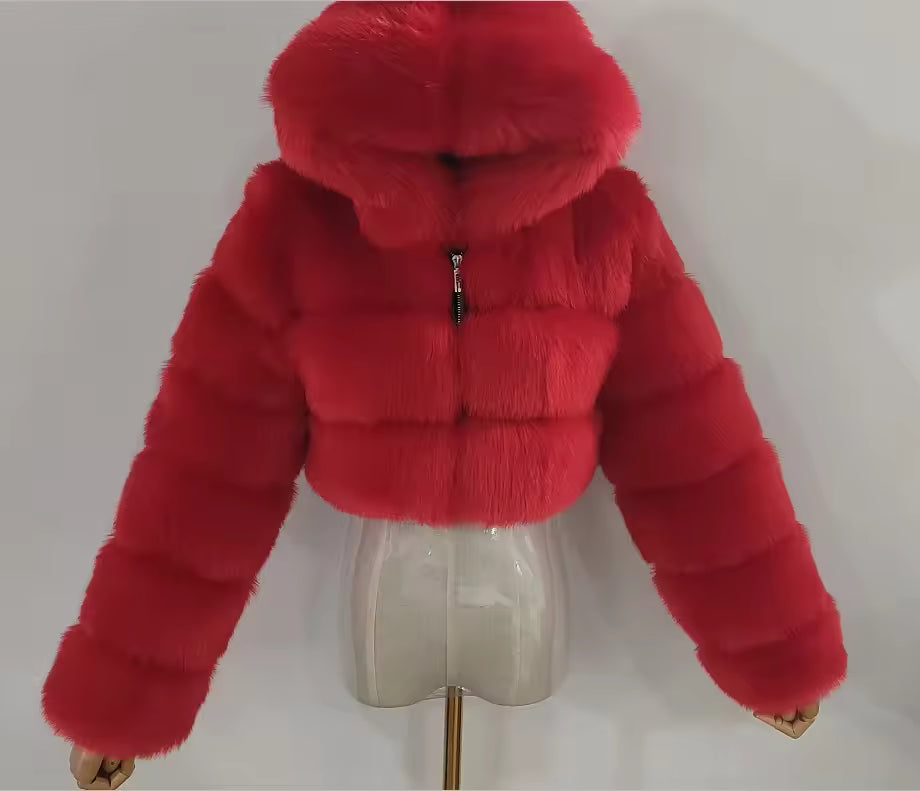Cropped Faux Fur Hooded Jacket