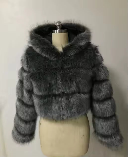 Cropped Faux Fur Hooded Jacket